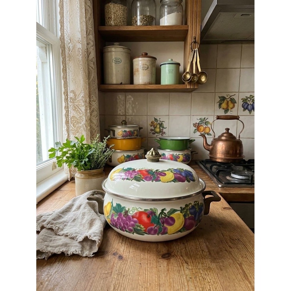 Vintage Metro Enamel Fruit Motif Casserole Pot with Lid 9in White Brass Handles